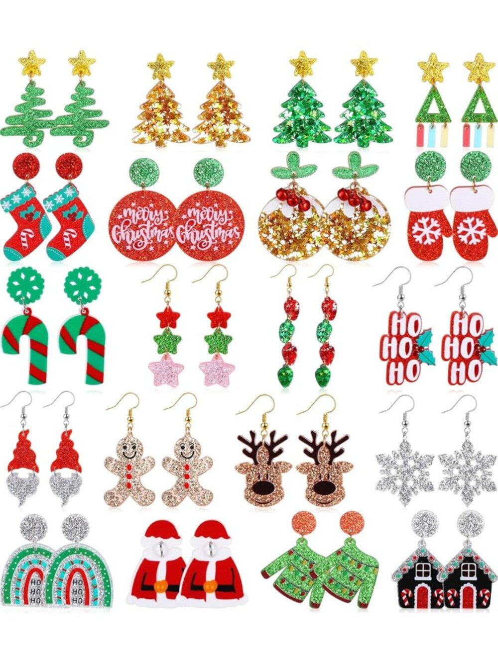 20 Pairs Christmas Earrings for Women - Acrylic Drop Dangle Holiday Jewelry